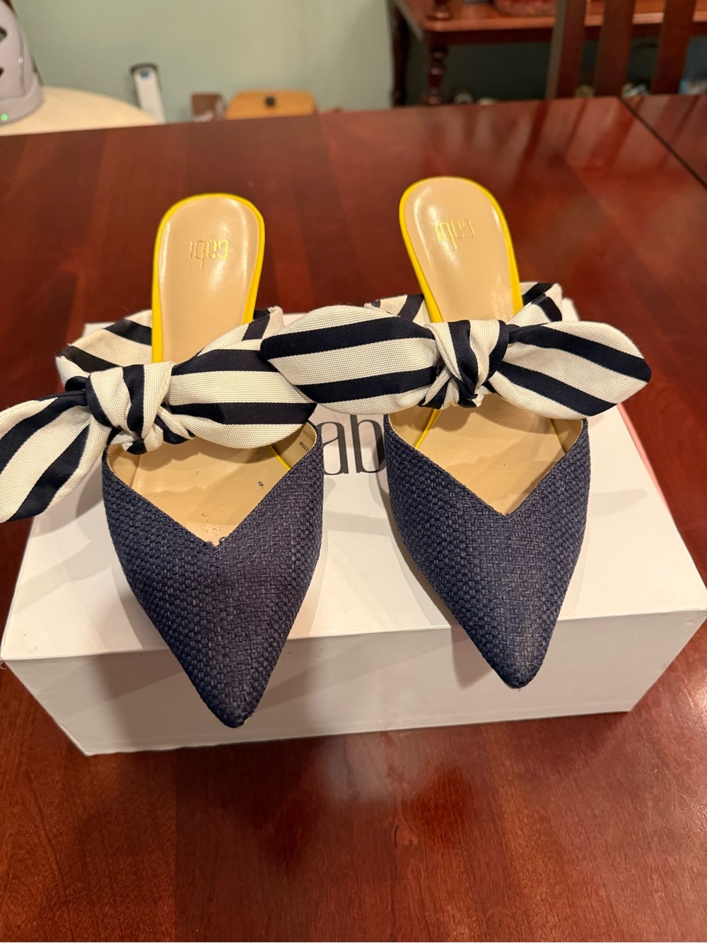 CAbi Navy Pointed-Toe Mules Kitten Heels with Navy-and-White Striped Bow
